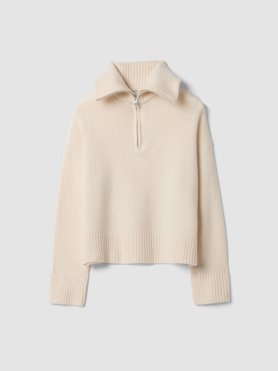 Camisola bege em l&atilde; el&aacute;stica com meio fecho_0