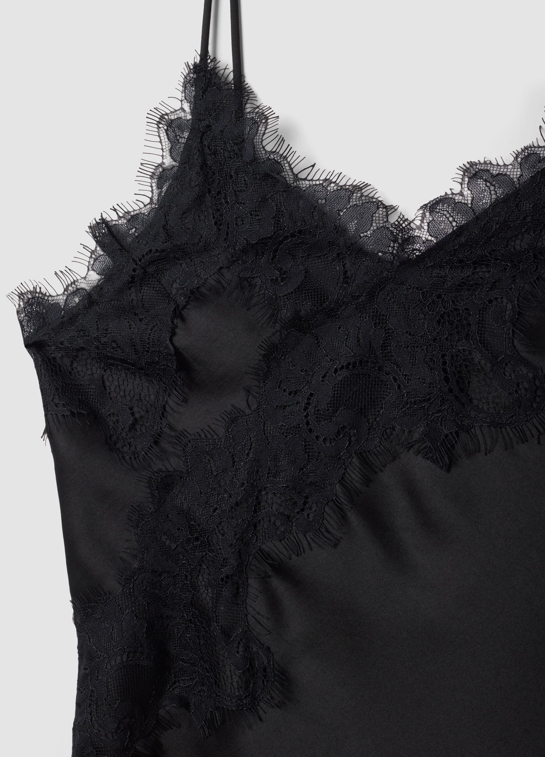 Black viscose-blend dress with deep V-neck and lace