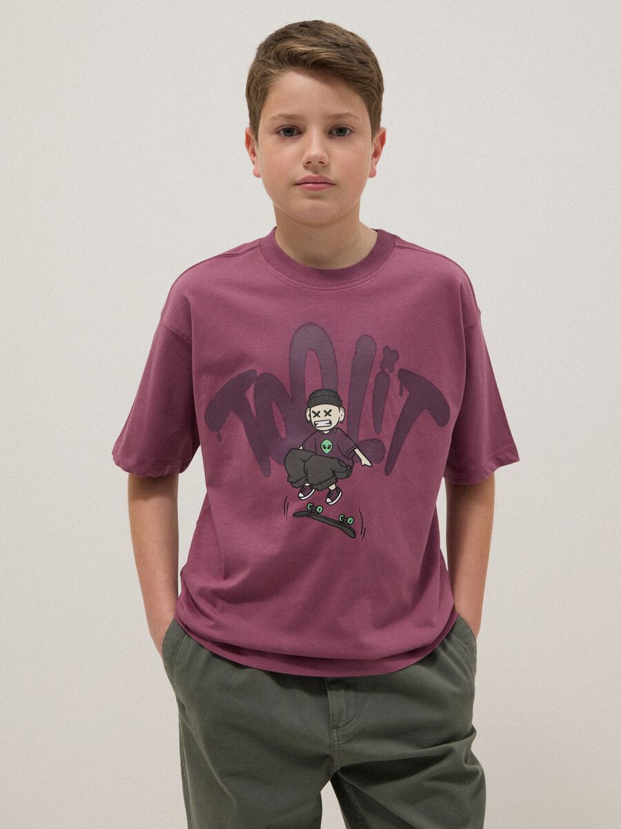 Boys&rsquo; purple 100% cotton oversized T-shirt with print_0