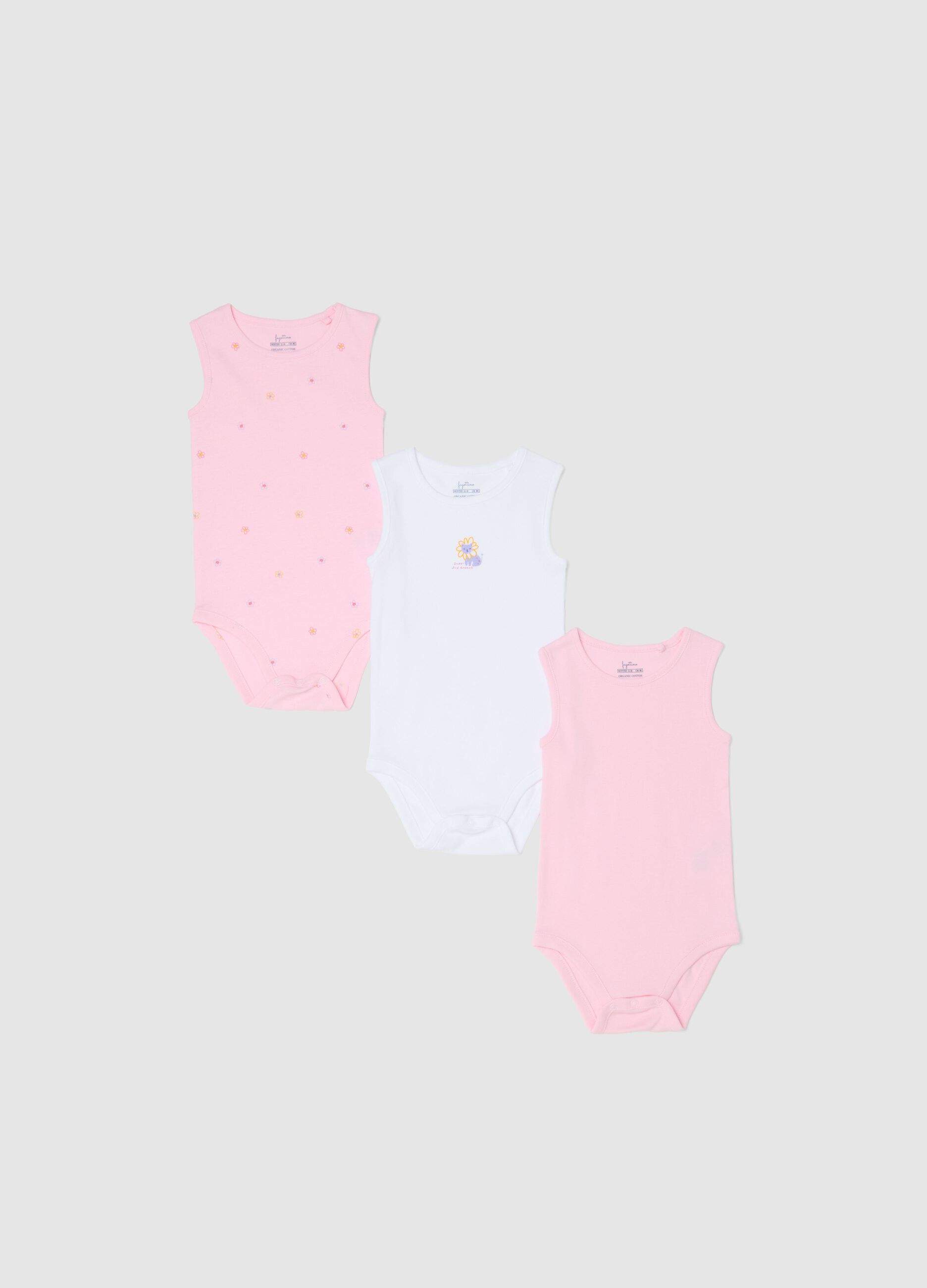 Tripack sleeveless bodysuits in pure cotton multicolour for baby girls