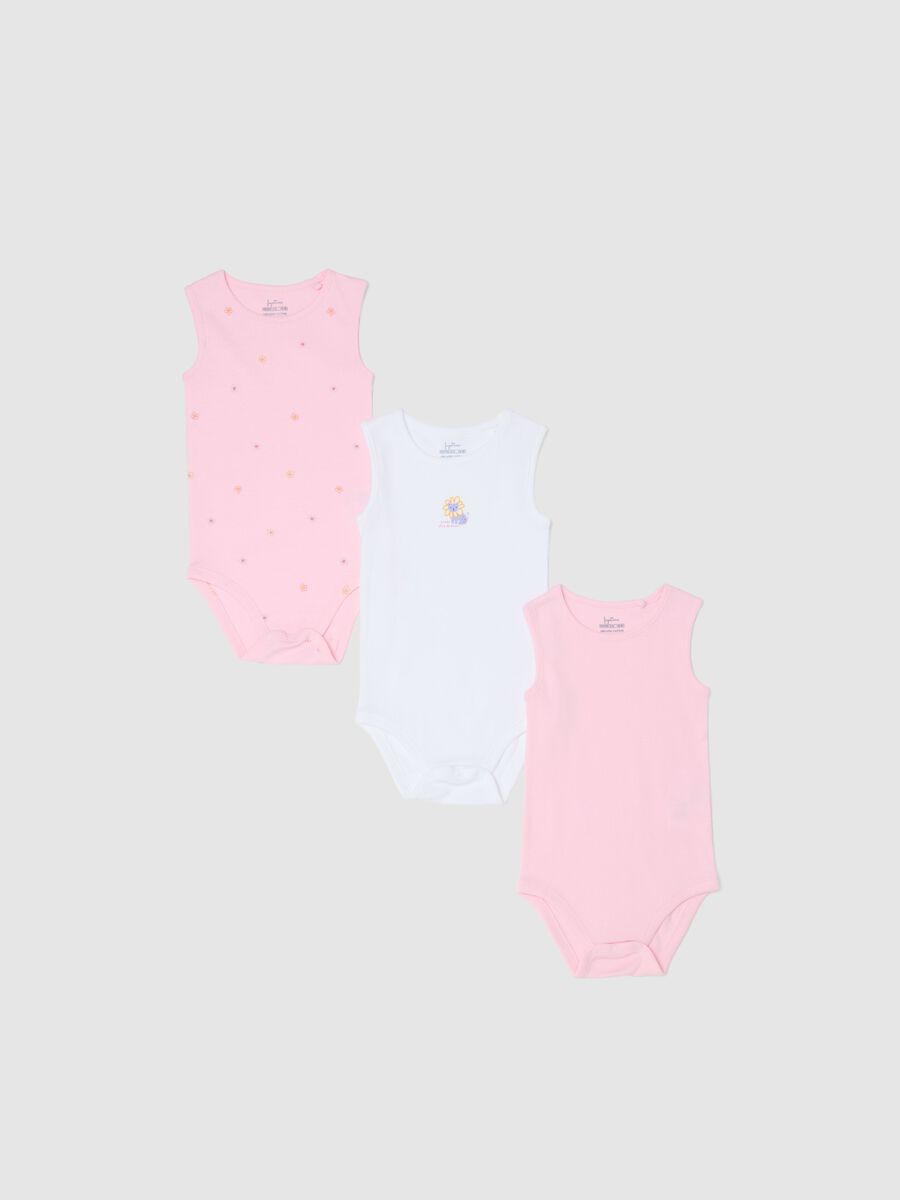 Tripack sleeveless bodysuits in pure cotton multicolour for baby girls_0