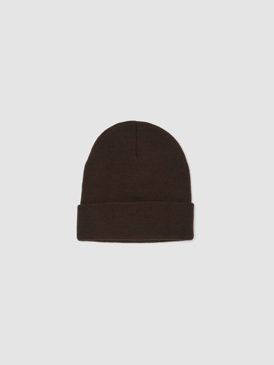 Brown jersey knit beanie with turn-up cuff_0