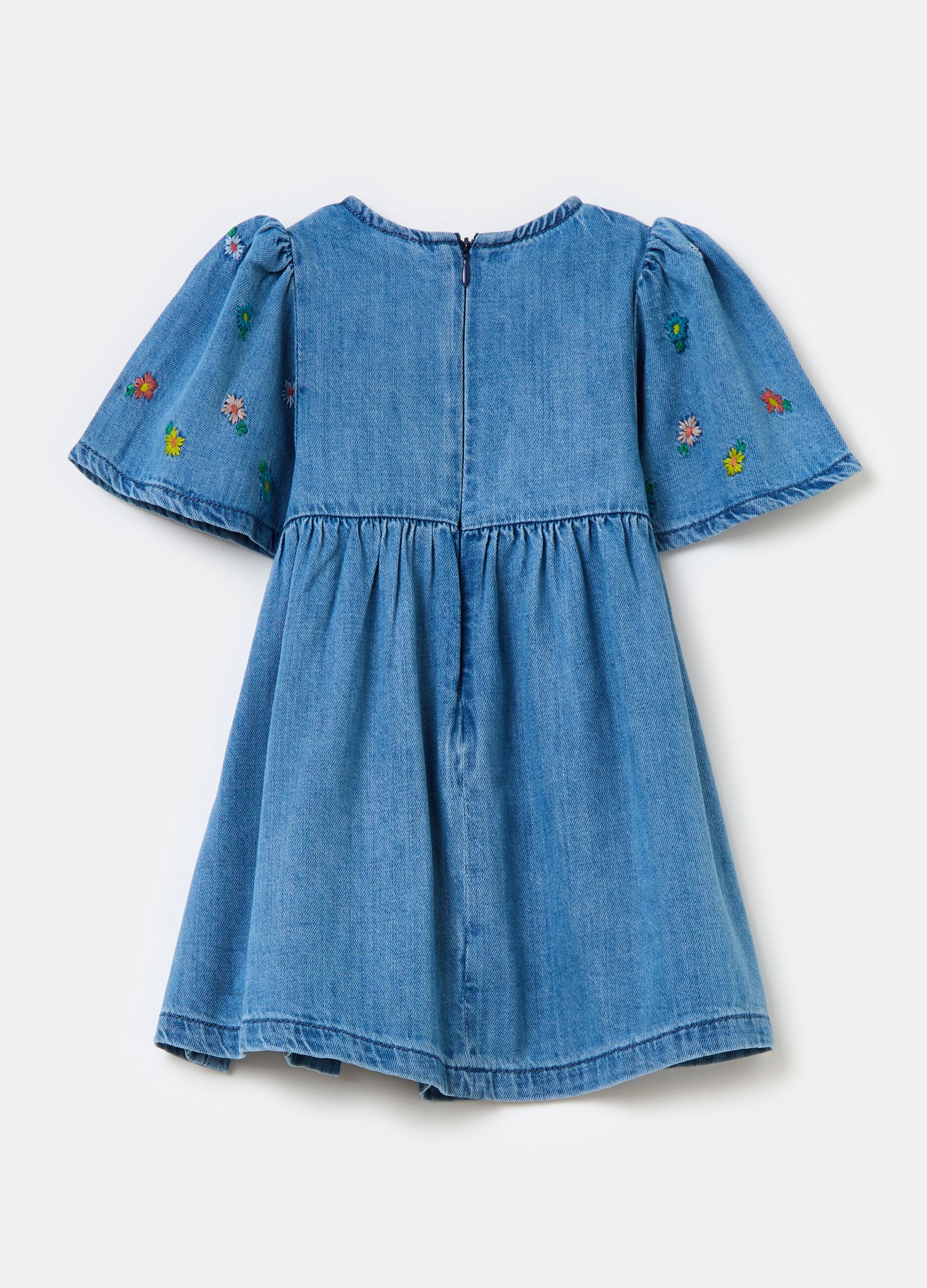 Denim dress with small flowers embroidery
