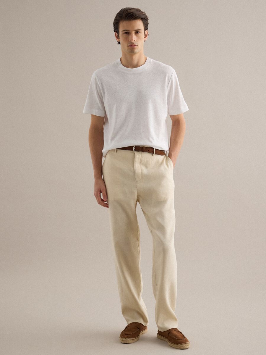 White regular fit linen and cotton blend T-shirt_2