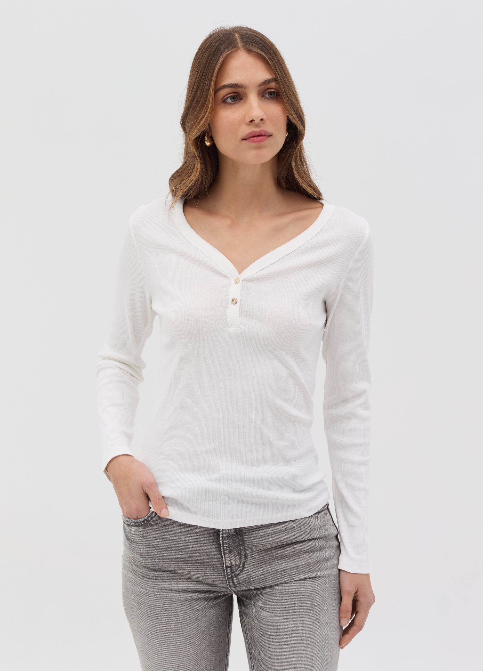 Ribbed t-shirt with granddad collar