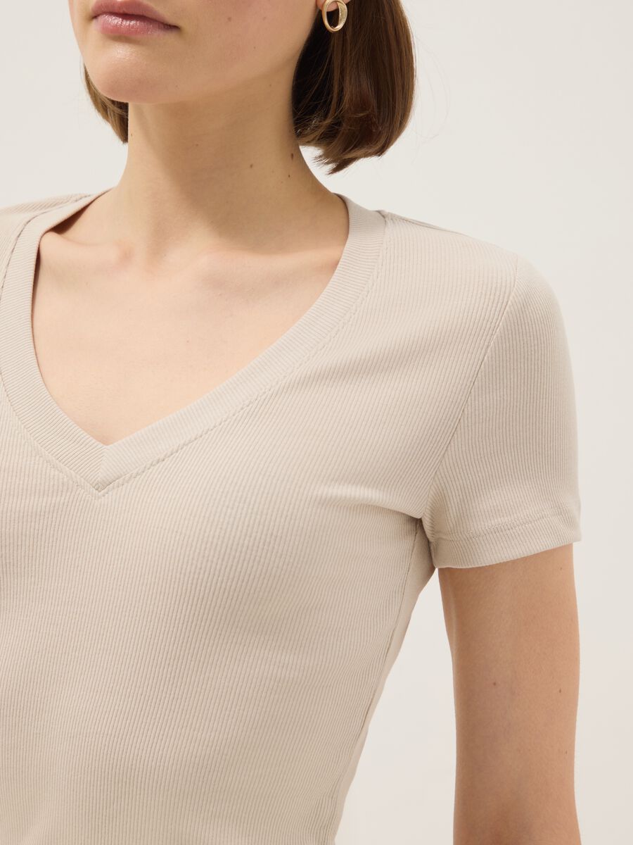 Beige Stretch Cotton Regular Fit T-shirt Deep V_4