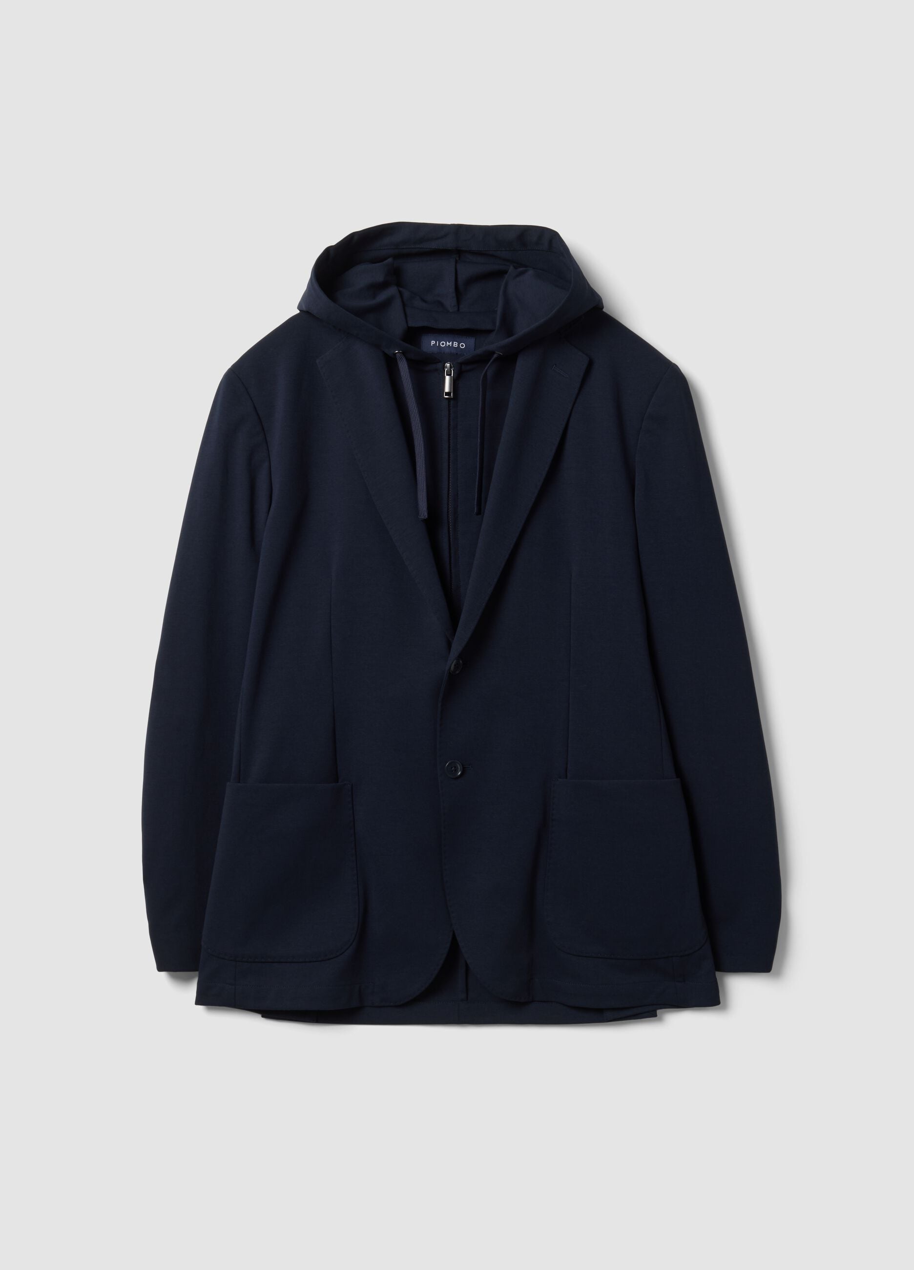 Blazer blu in cotone elasticizzato con cappuccio e rever classici
