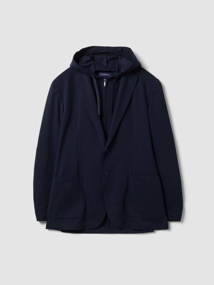 Blazer blu in cotone elasticizzato con cappuccio e rever classici_0