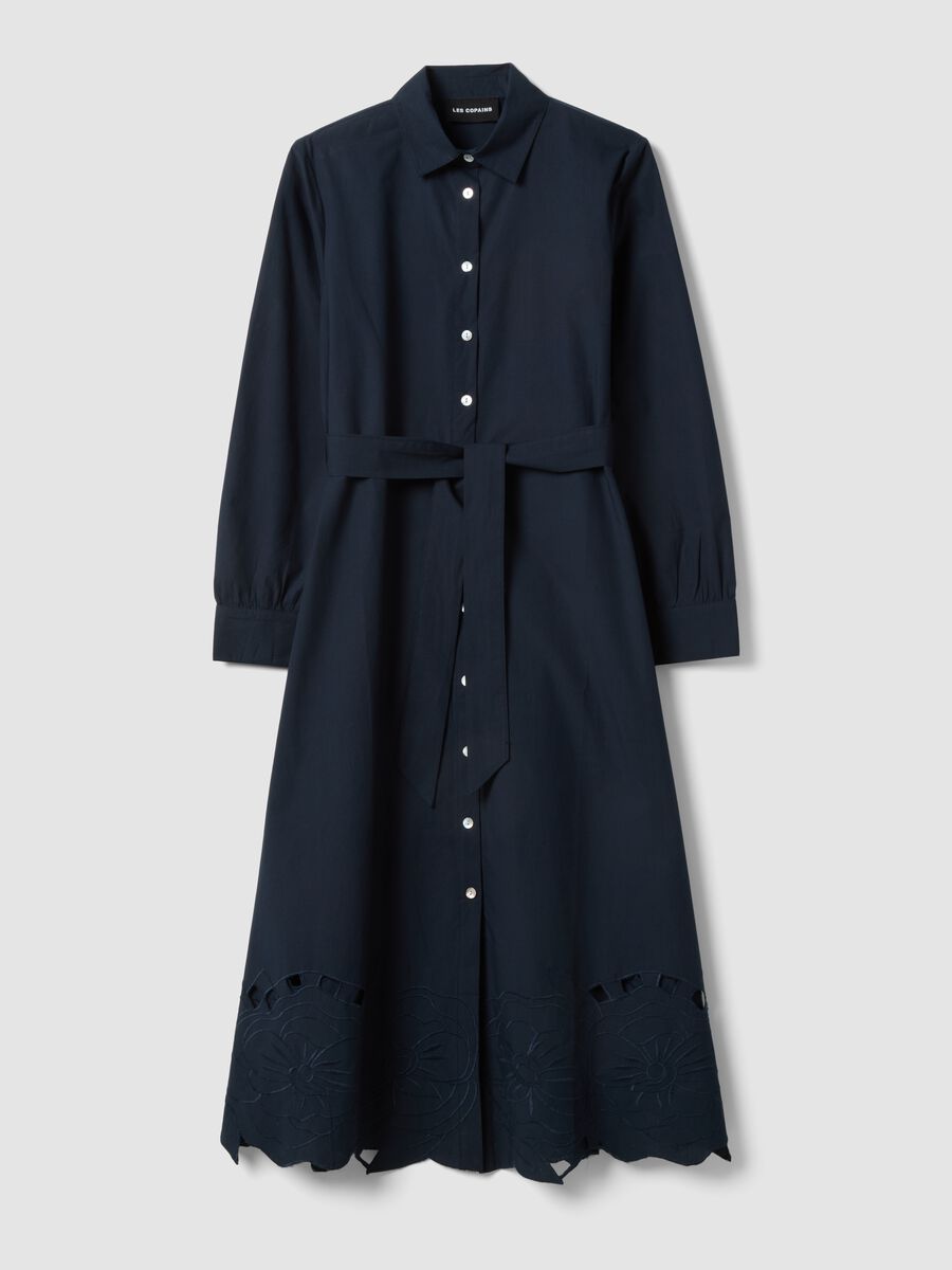 Long blue dress in pure cotton with regular fit and embroidery_0
