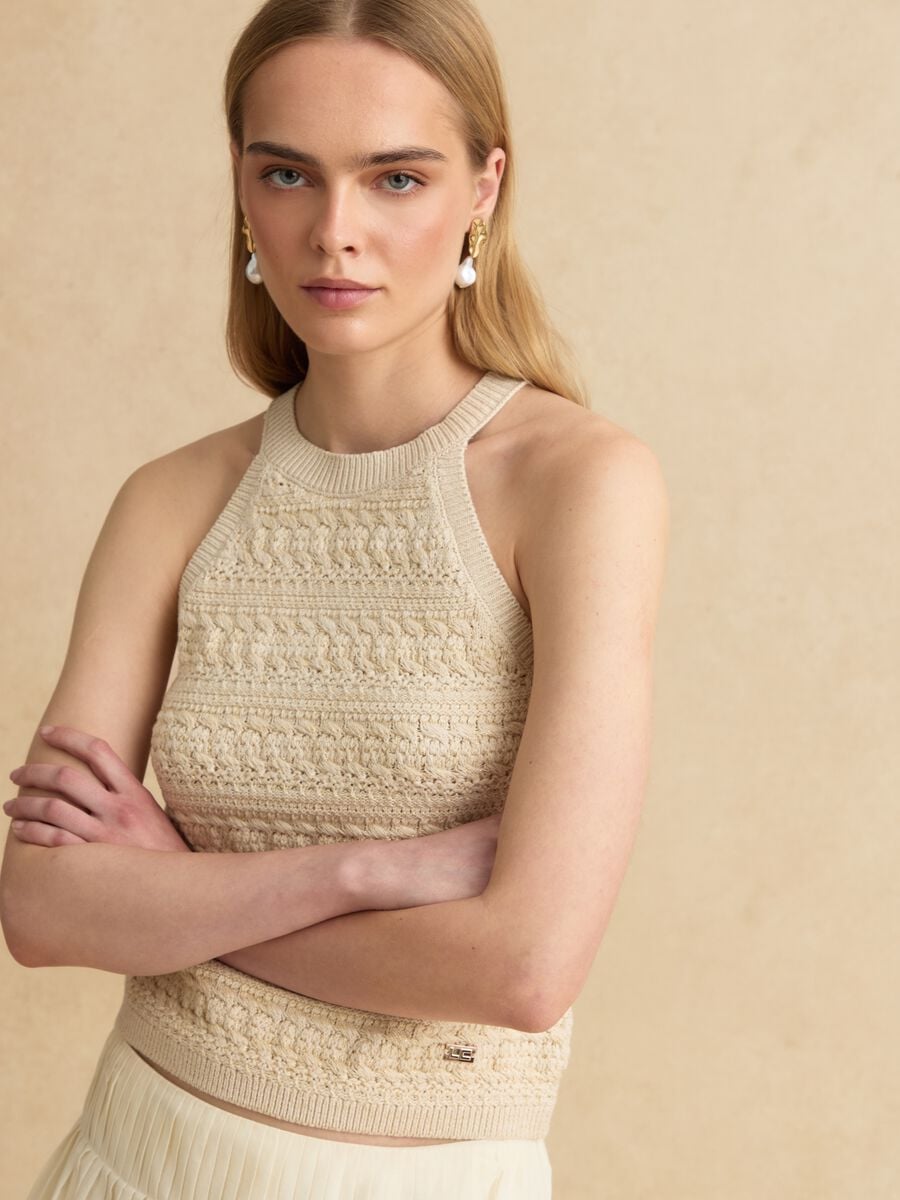 Beige cotton-blend knitted top_0