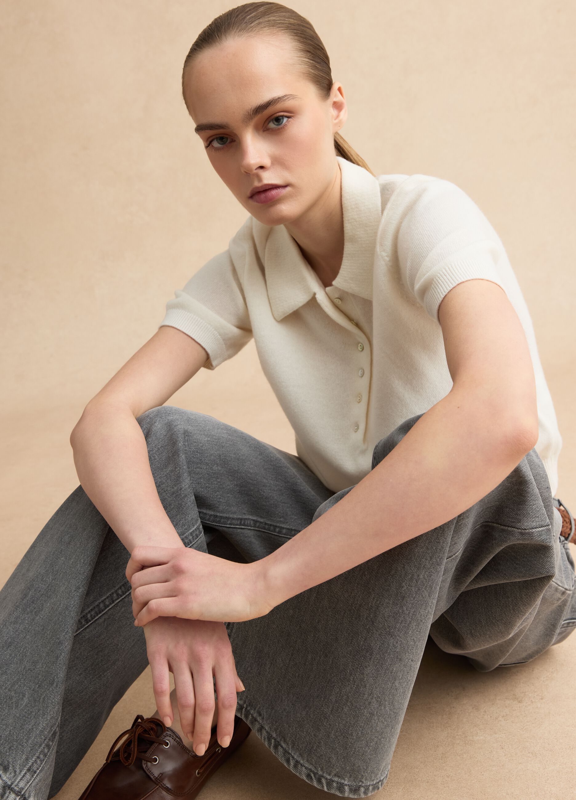 White pure wool polo neck regular fit sweater