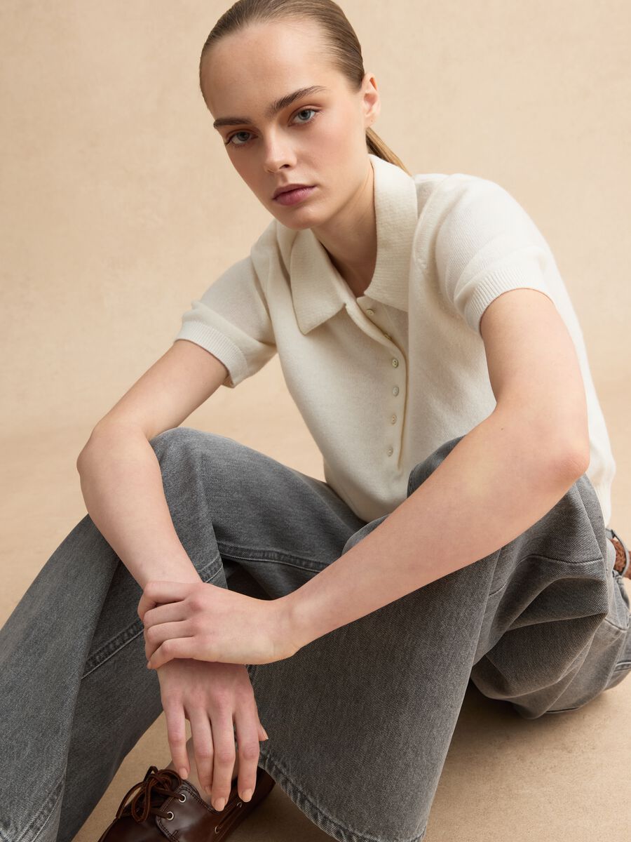 White pure wool polo neck regular fit sweater_0