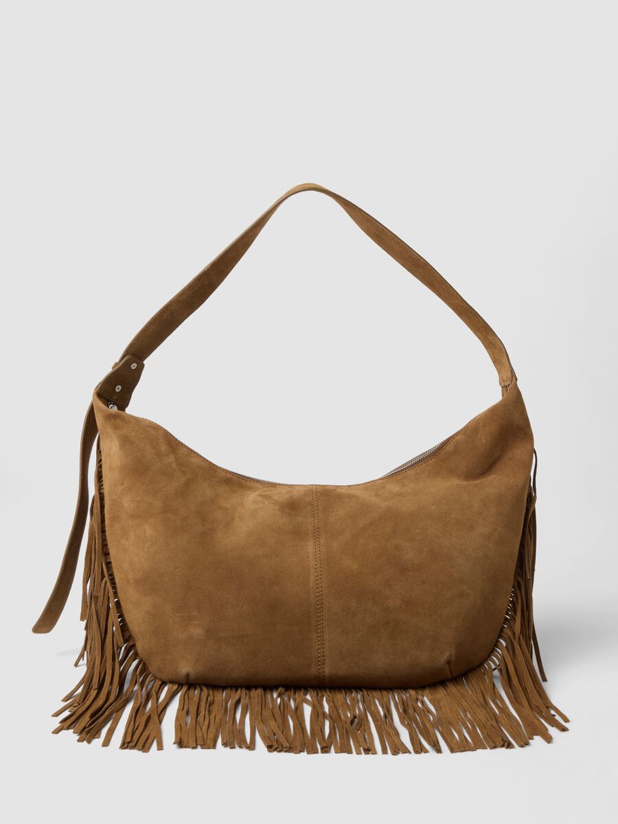 Brown genuine leather fringed bag_0