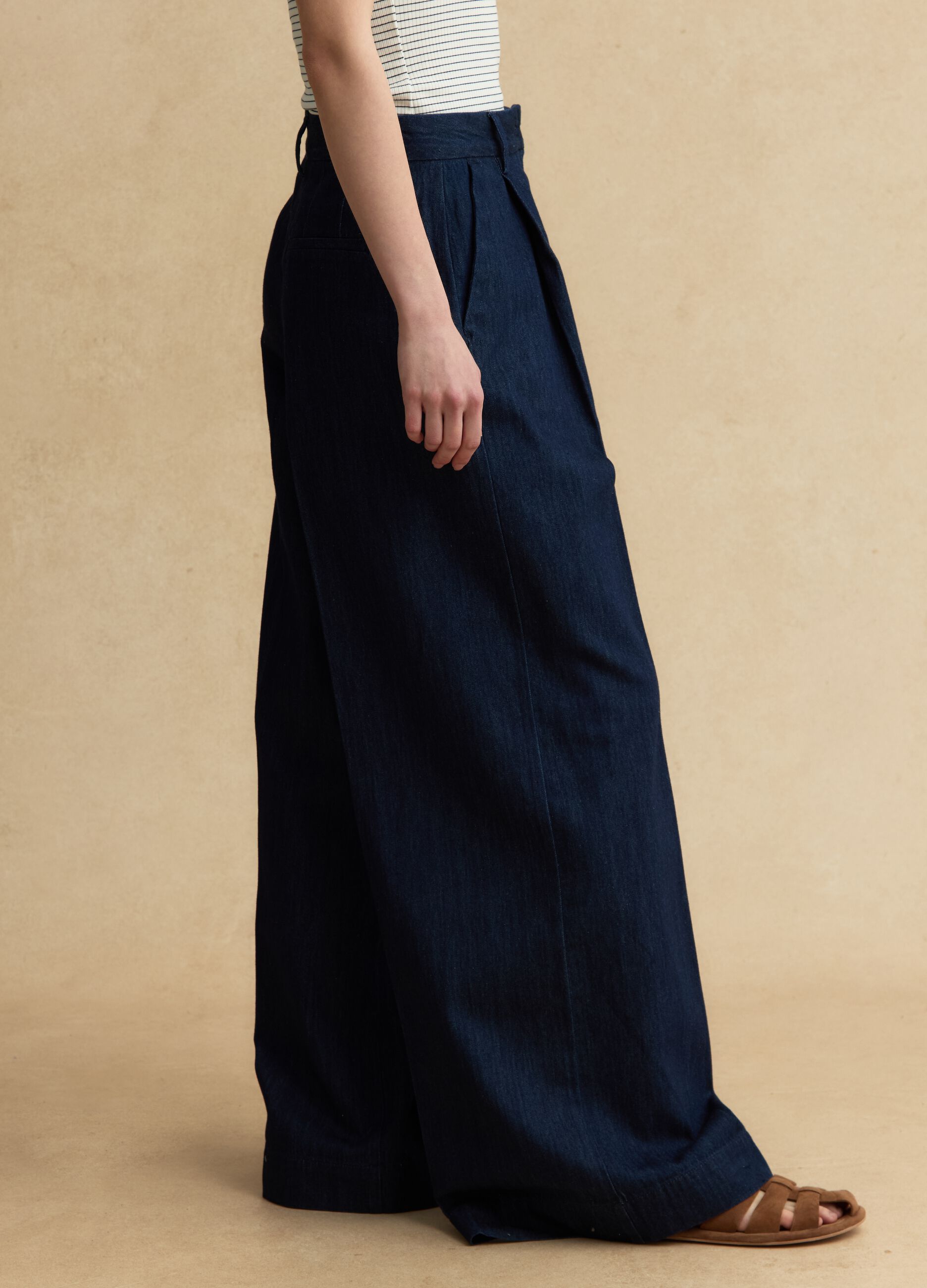 Wide-leg blue denim pure cotton trousers