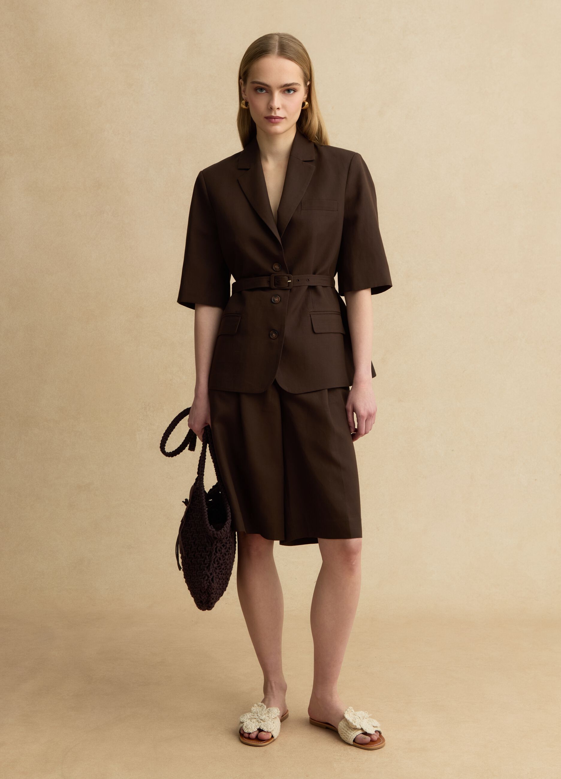 Brown regular fit lyocell and linen blend shorts