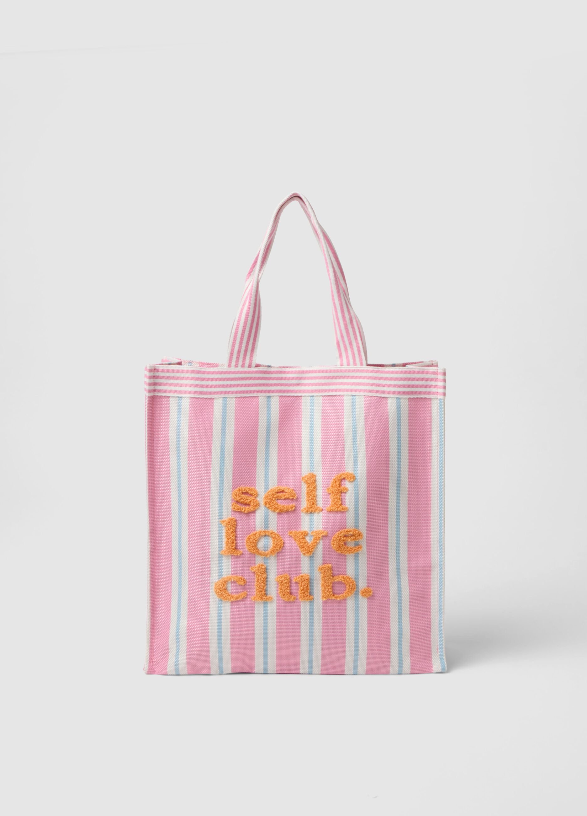 Mala shopper &agrave;s riscas multicolor com letra bordada