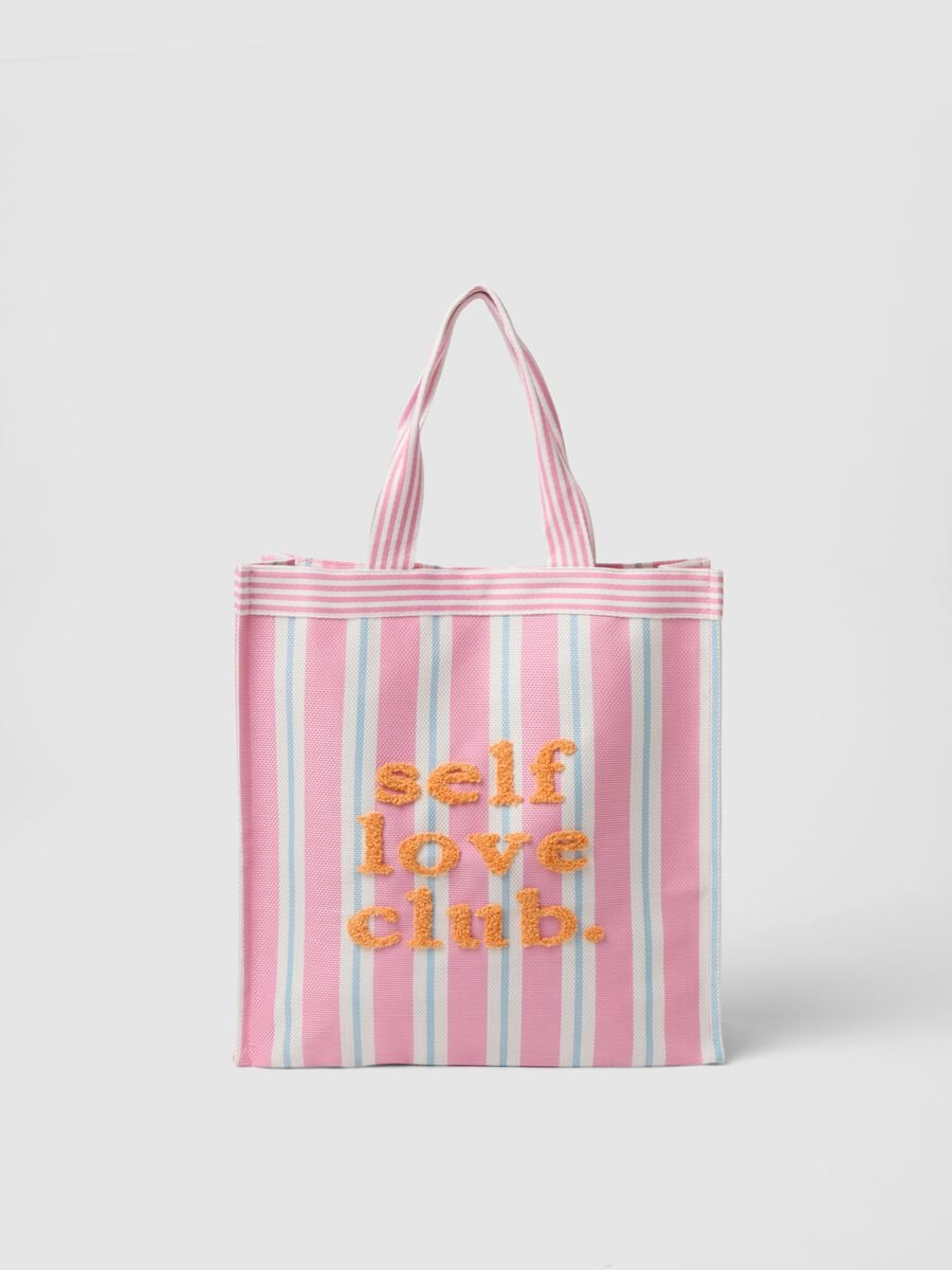 Multicolour striped shopper bag with embroidered lettering_0