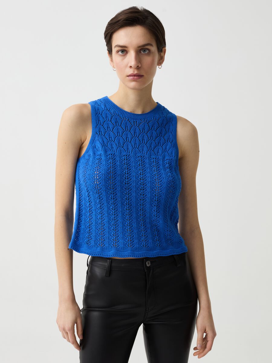 Tank top with crochet yoke and round neck_0