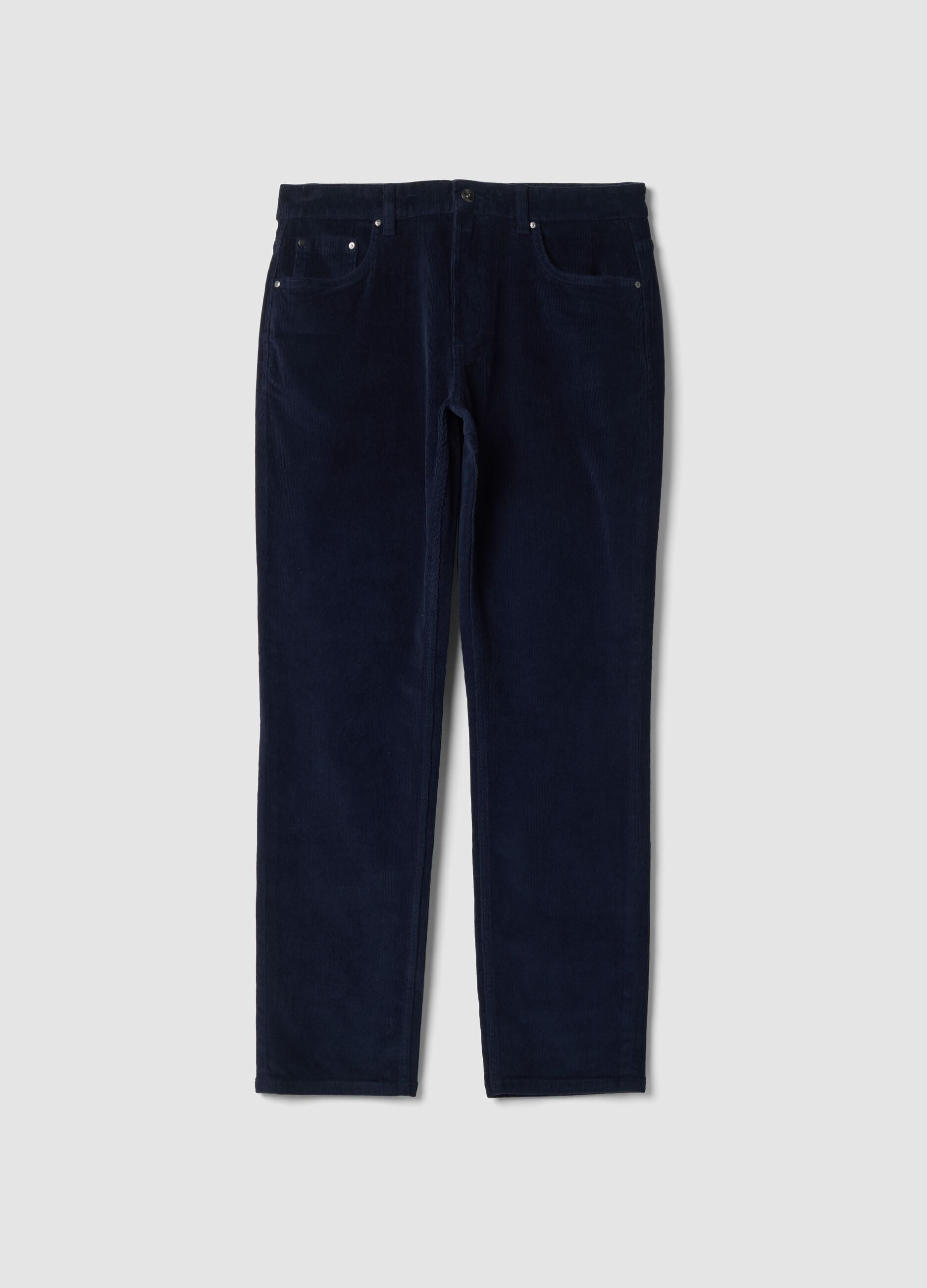 Pantaloni blu in cotone elasticizzato a coste regular fit