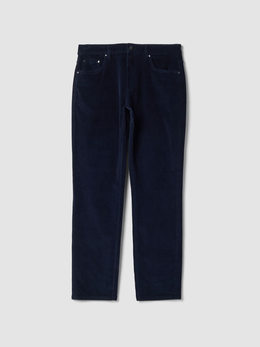 Pantaloni blu in cotone elasticizzato a coste regular fit_0