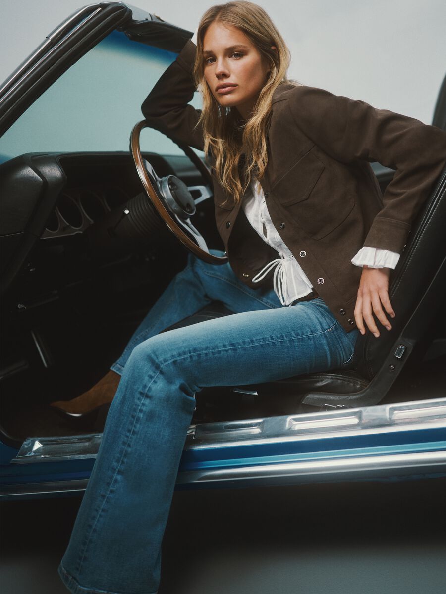 Brown regular fit jacket with snap buttons and chest pockets_0