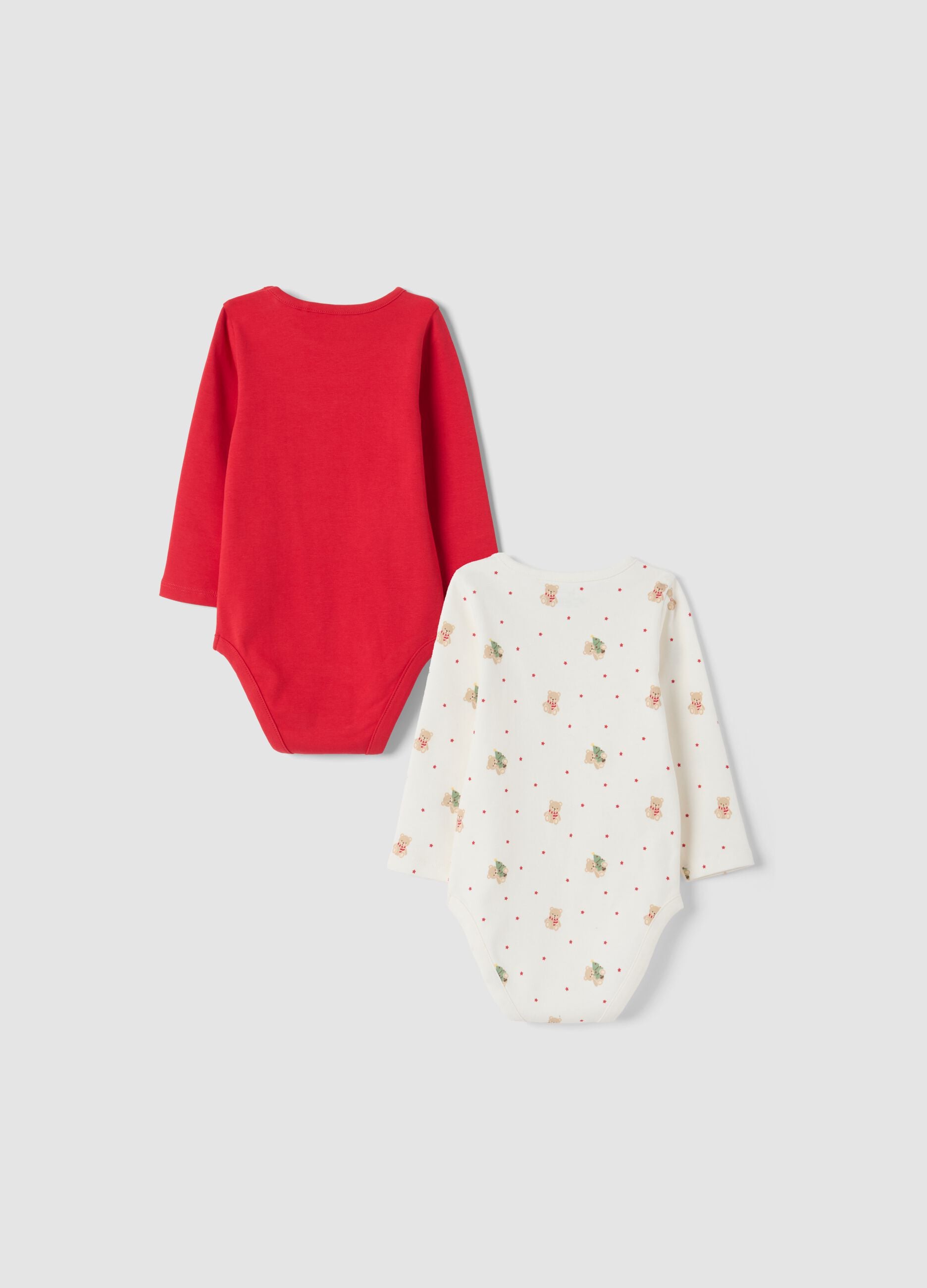 2-pack baby bodysuits in red and off-white organic cotton with print