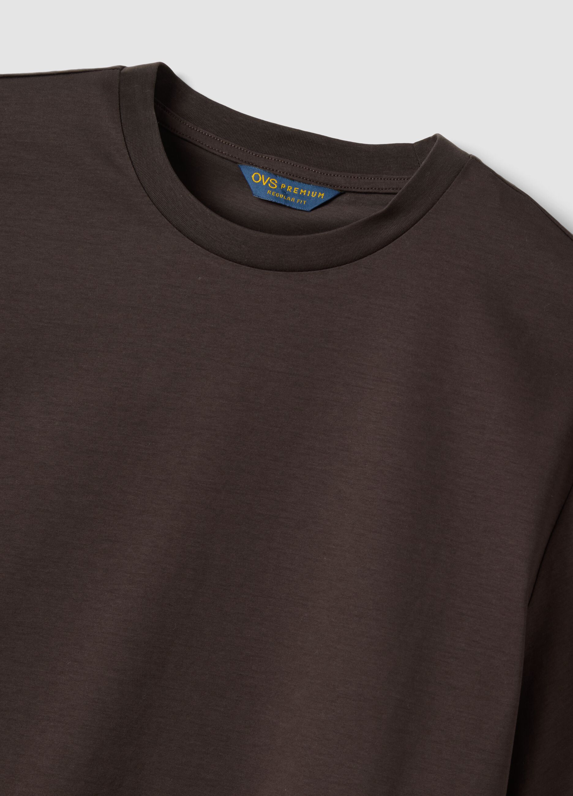 T-shirt castanha em puro algod&atilde;o mercerizado com gola redonda, corte regular
