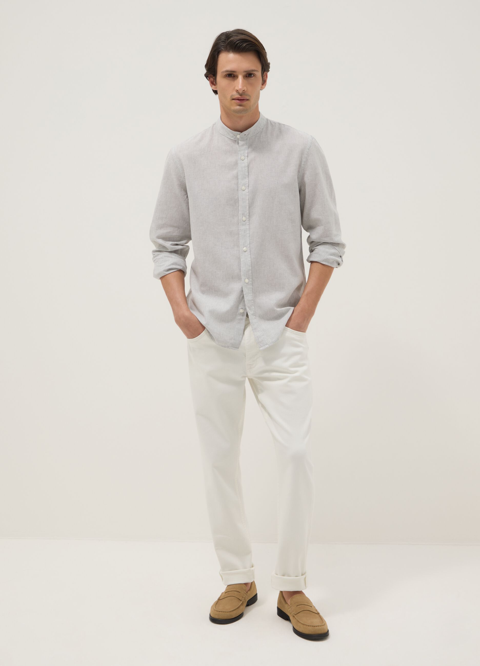 Multicolour striped shirt with mandarin collar in linen-cotton blend regular fit