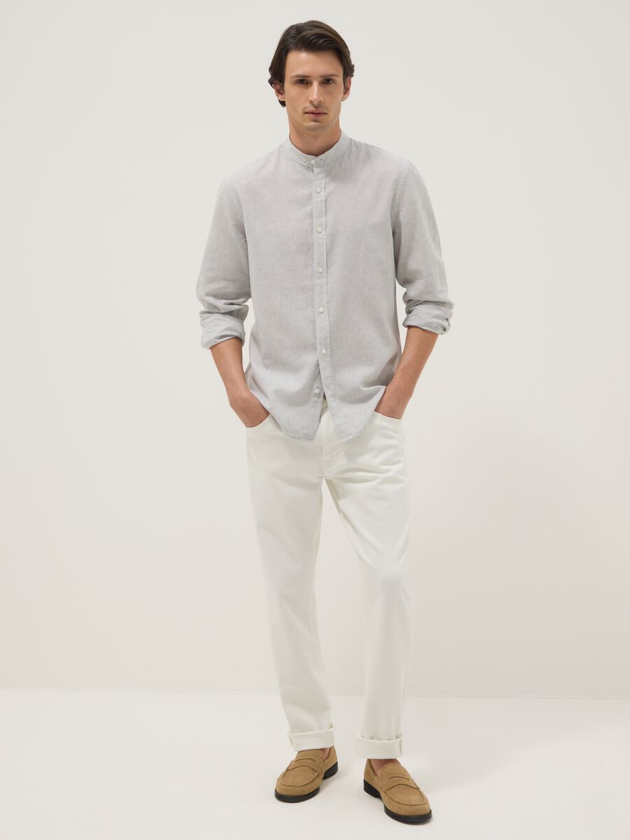 Multicolour striped shirt with mandarin collar in linen-cotton blend regular fit_1