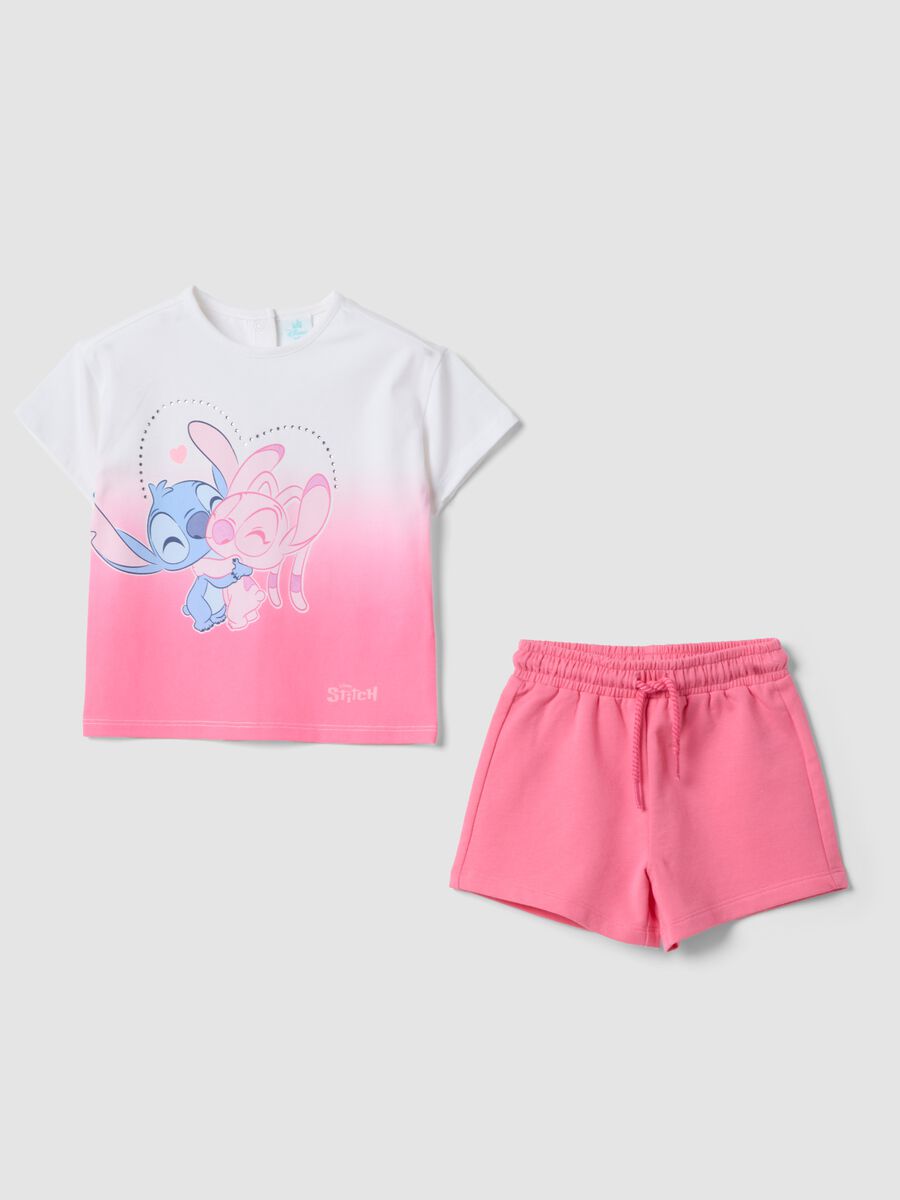 White and pink stretch cotton set with T-shirt and shorts_0