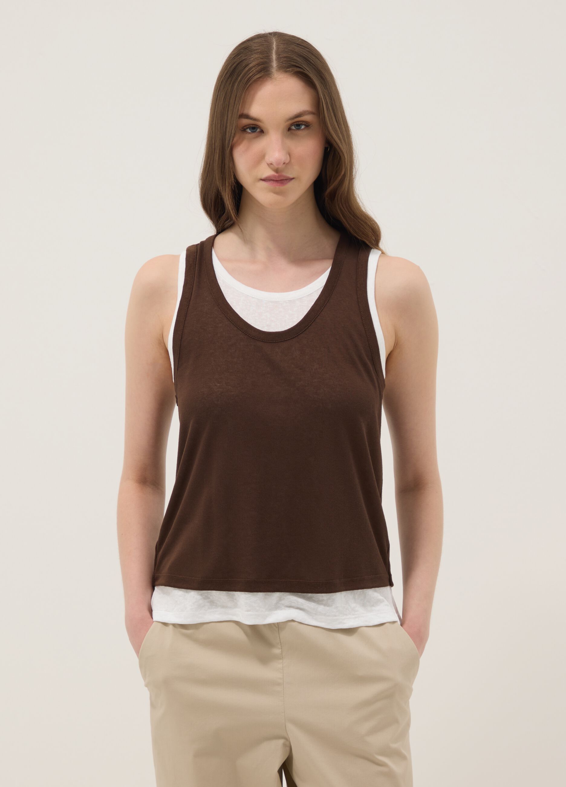 Brown viscose-blend tank top, regular fit