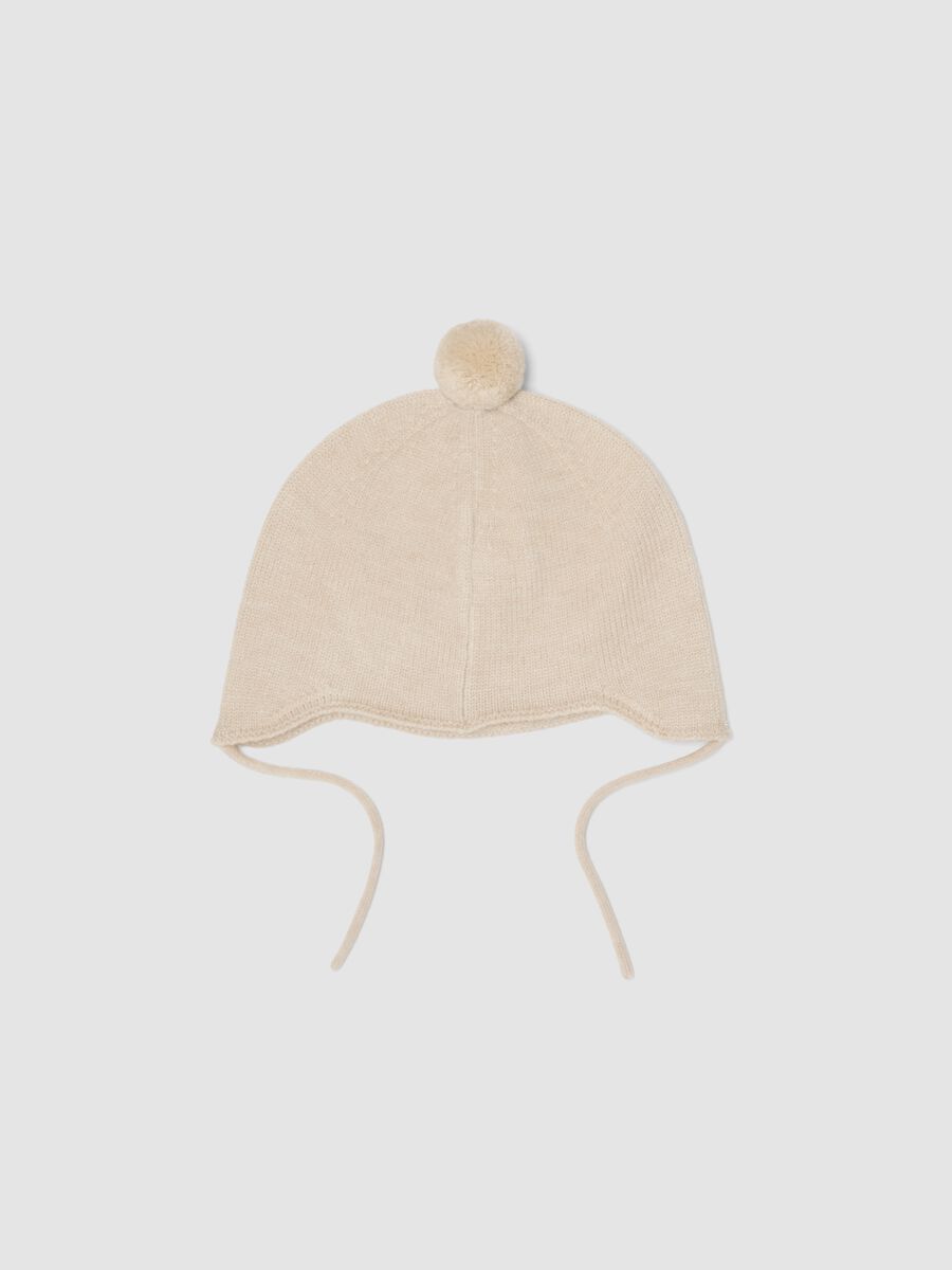 Cappellino beige melange in maglia con pon pon_1