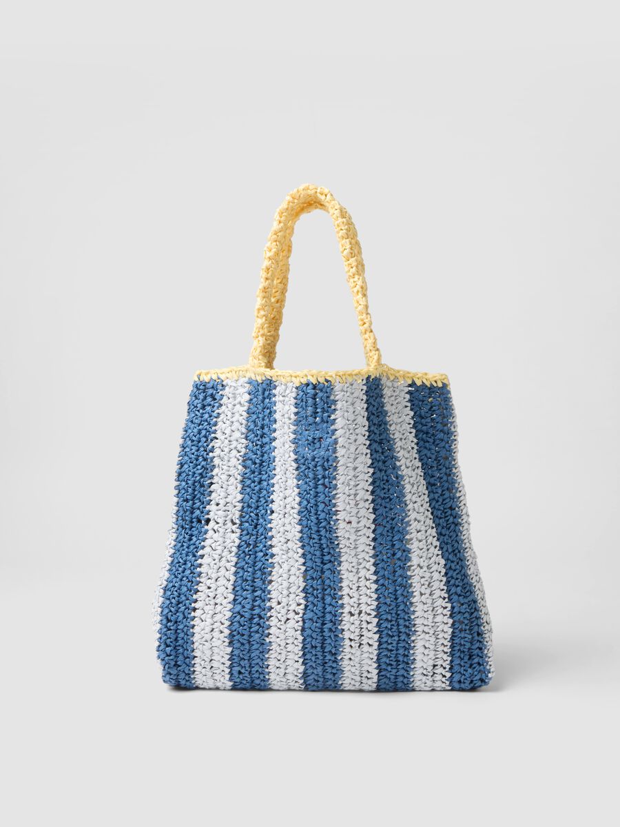 Multicoloured striped beach bag in pure paper fabric with slogan_1