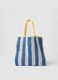 Multicoloured striped beach bag in pure paper fabric with slogan_1