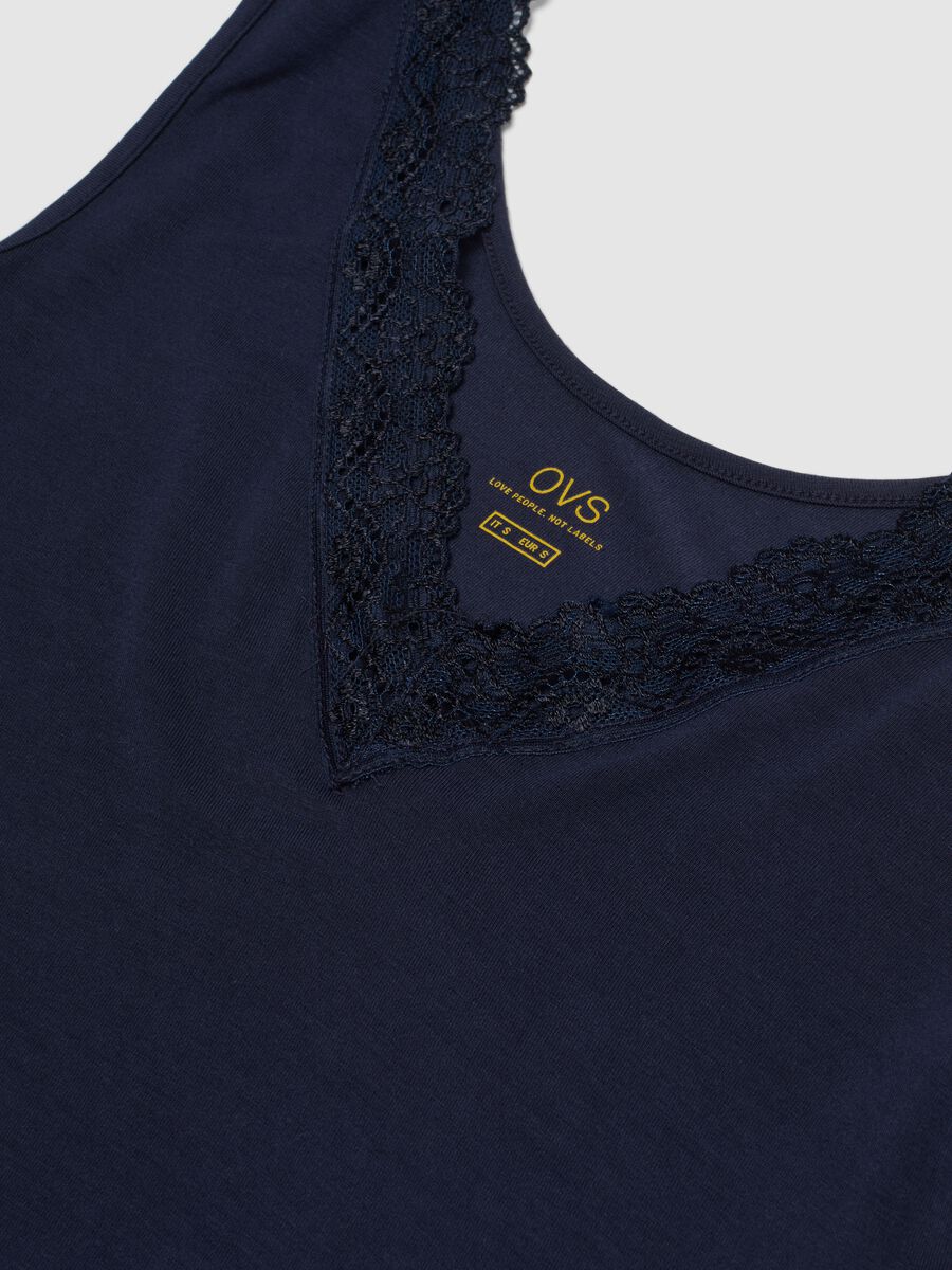 Blaue dehnbare Viskose-Tanktop mit tiefem V-Ausschnitt und Spitze, normale Passform_5