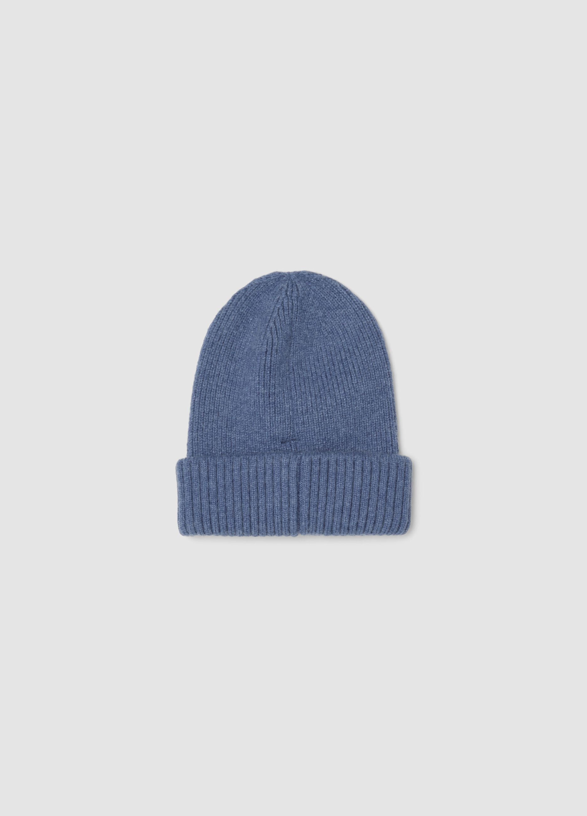 Blaue Rippstrick-M&uuml;tze mit Umschlag