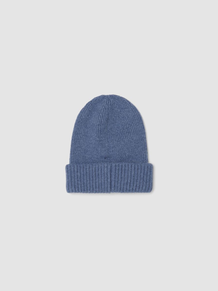 Blue ribbed knit beanie with turn-up cuff_1