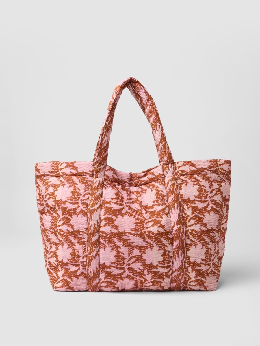 Pink pure quilted cotton beach bag with floral print_0