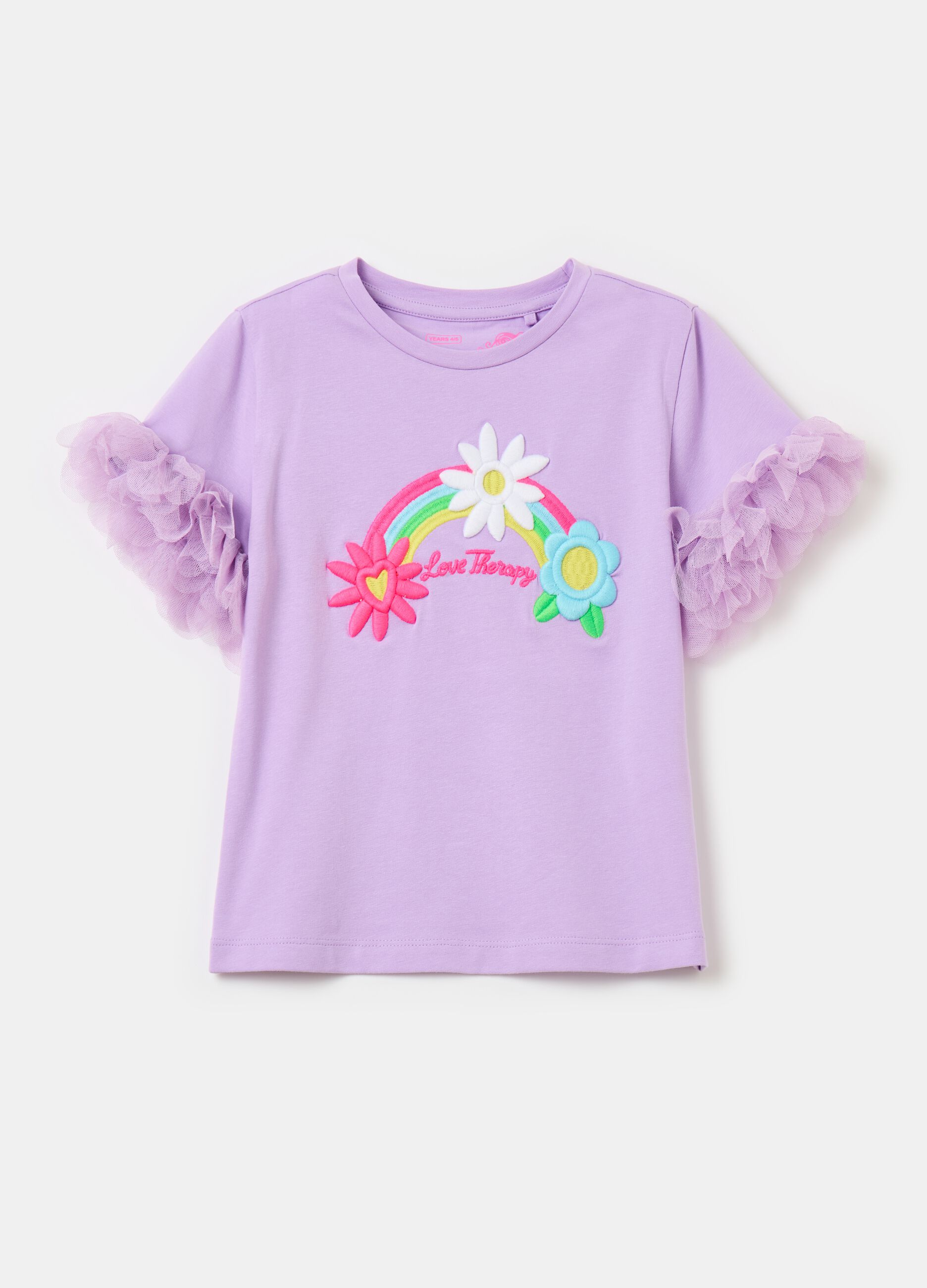 T-shirt with embroidery and tulle flounce