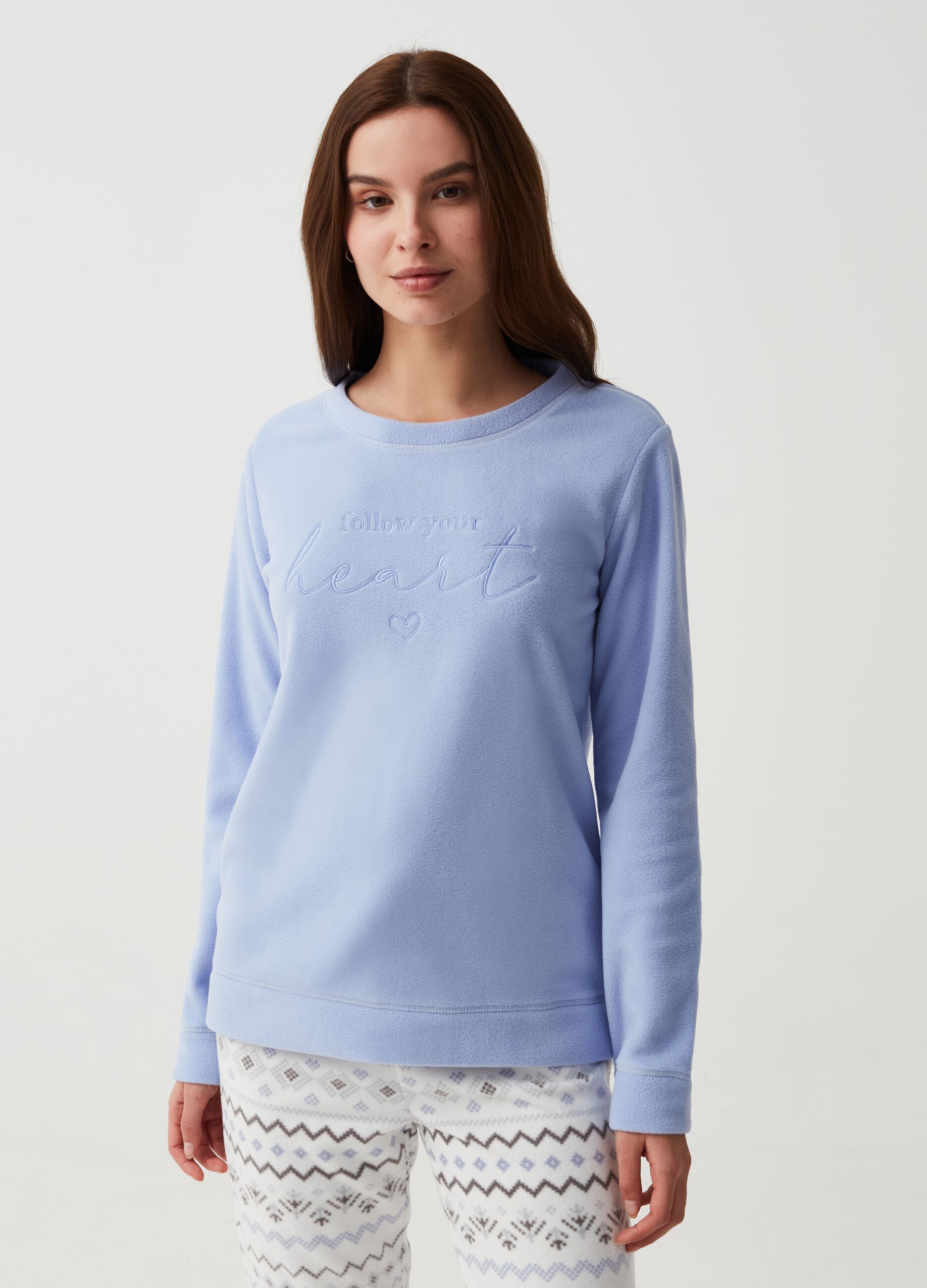 Fleece pyjama top with lettering and heart embroidery