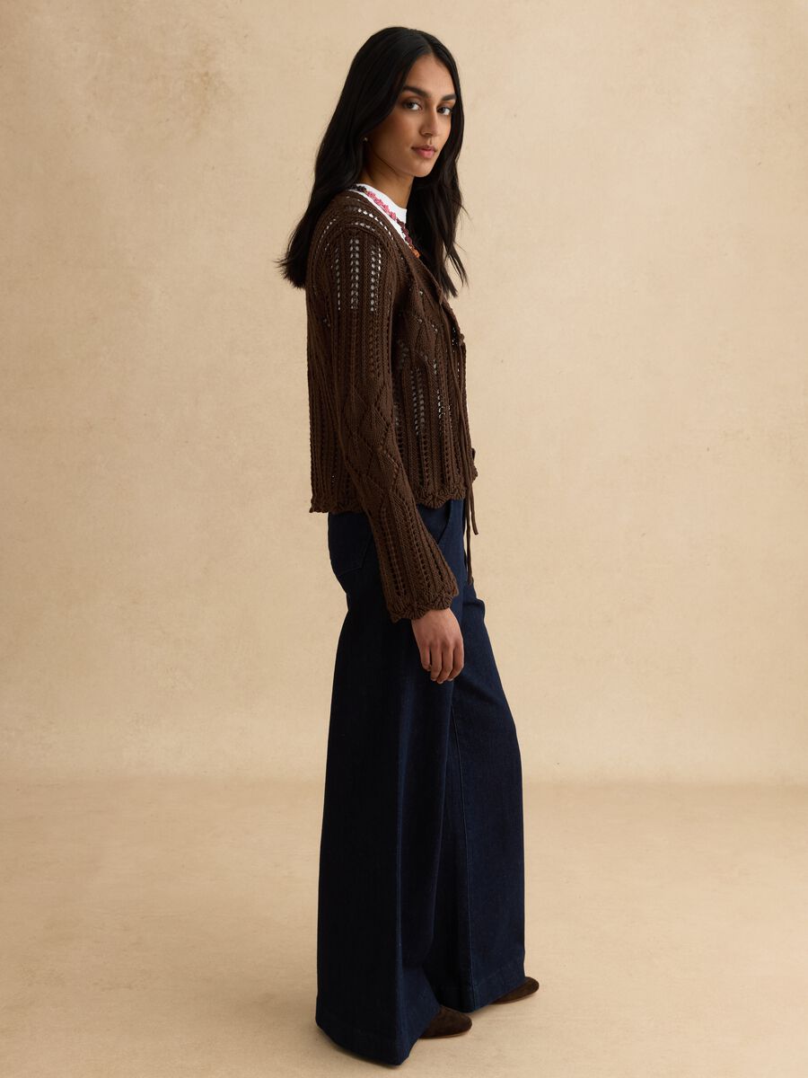 Brown pure cotton regular fit deep V openwork cardigan_3