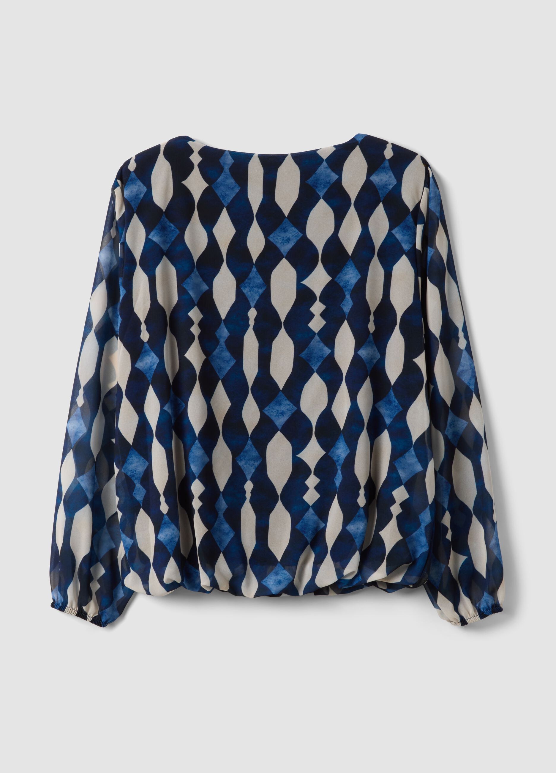 Blue and white geometric print blouse, regular fit