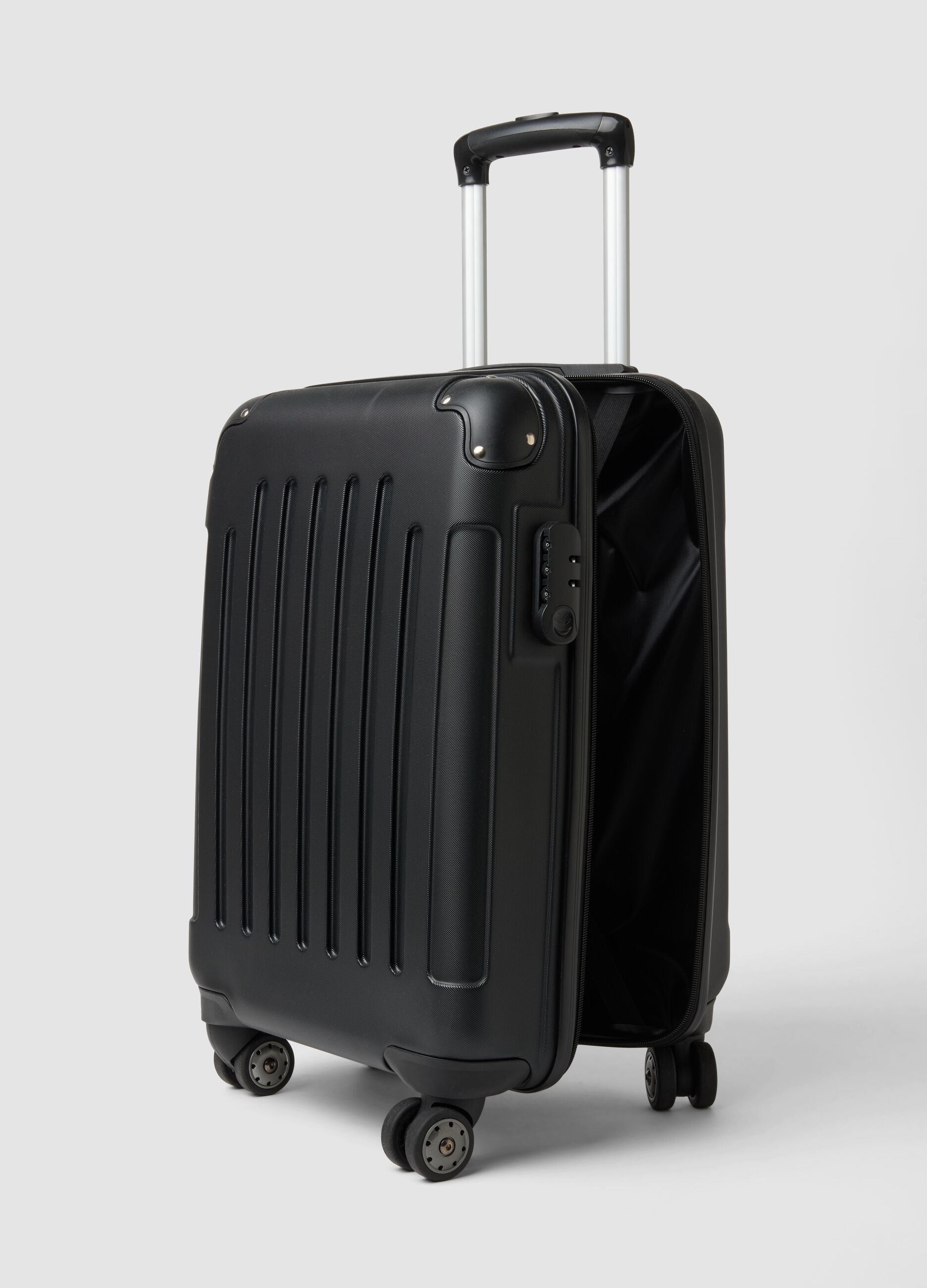 Black hard-shell travel suitcase with wheels