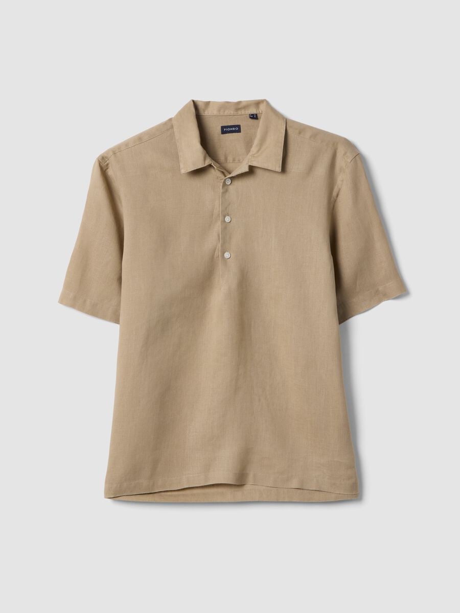Beige pure linen regular fit shirt with bowling collar_4