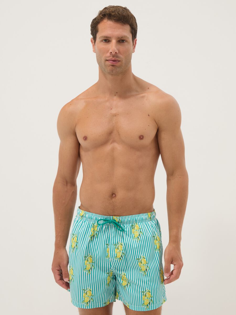 Blue striped swim shorts with lemon print_0