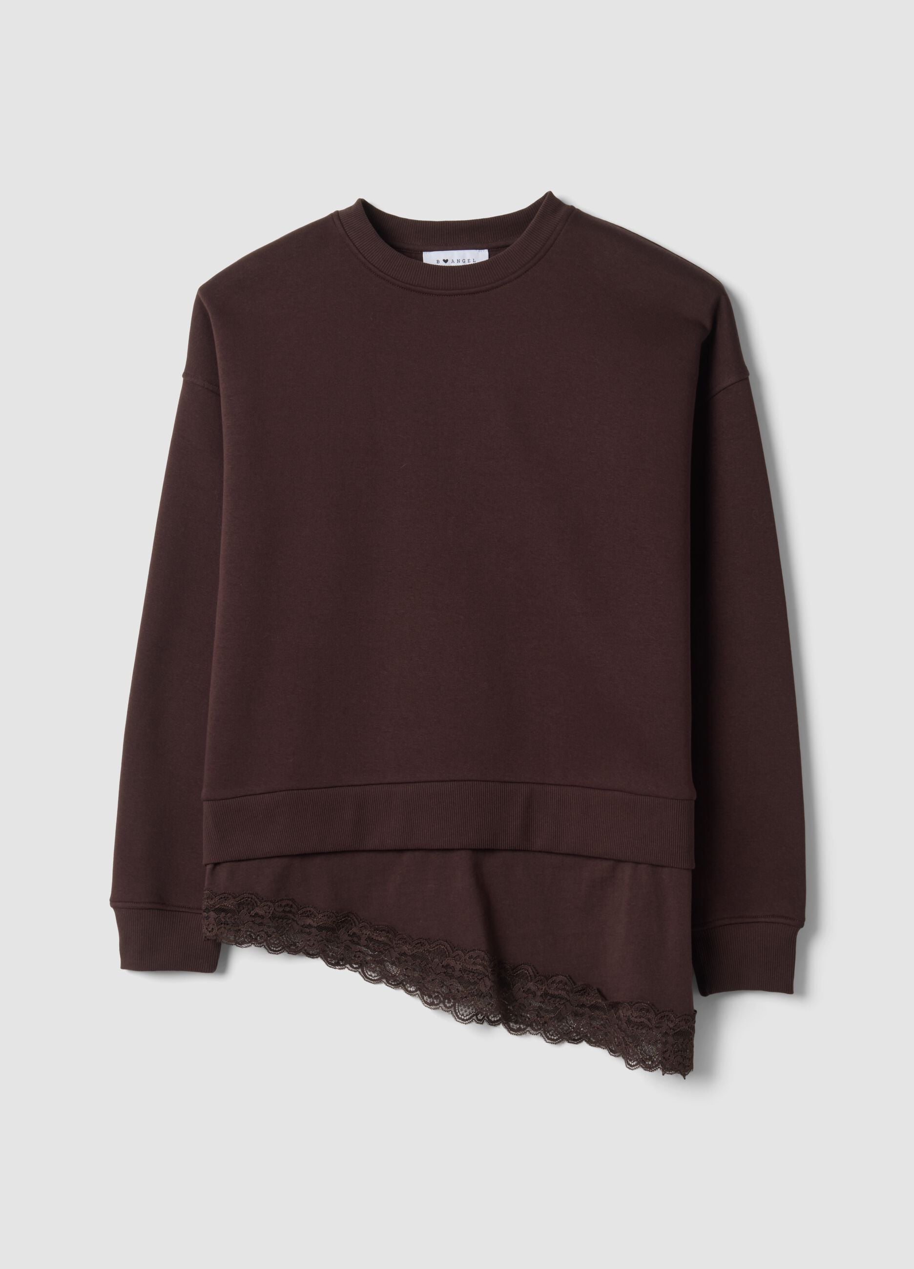 Braunes Sweatshirt aus Baumwollmix mit Rundhalsausschnitt und Spitze