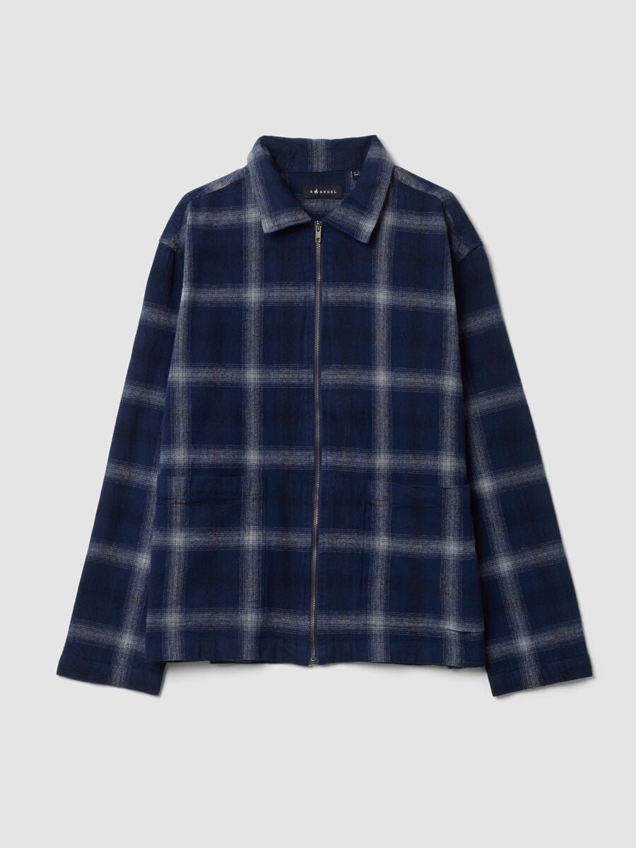 Camicia cropped blu in puro cotone a quadri con zip over fit_0