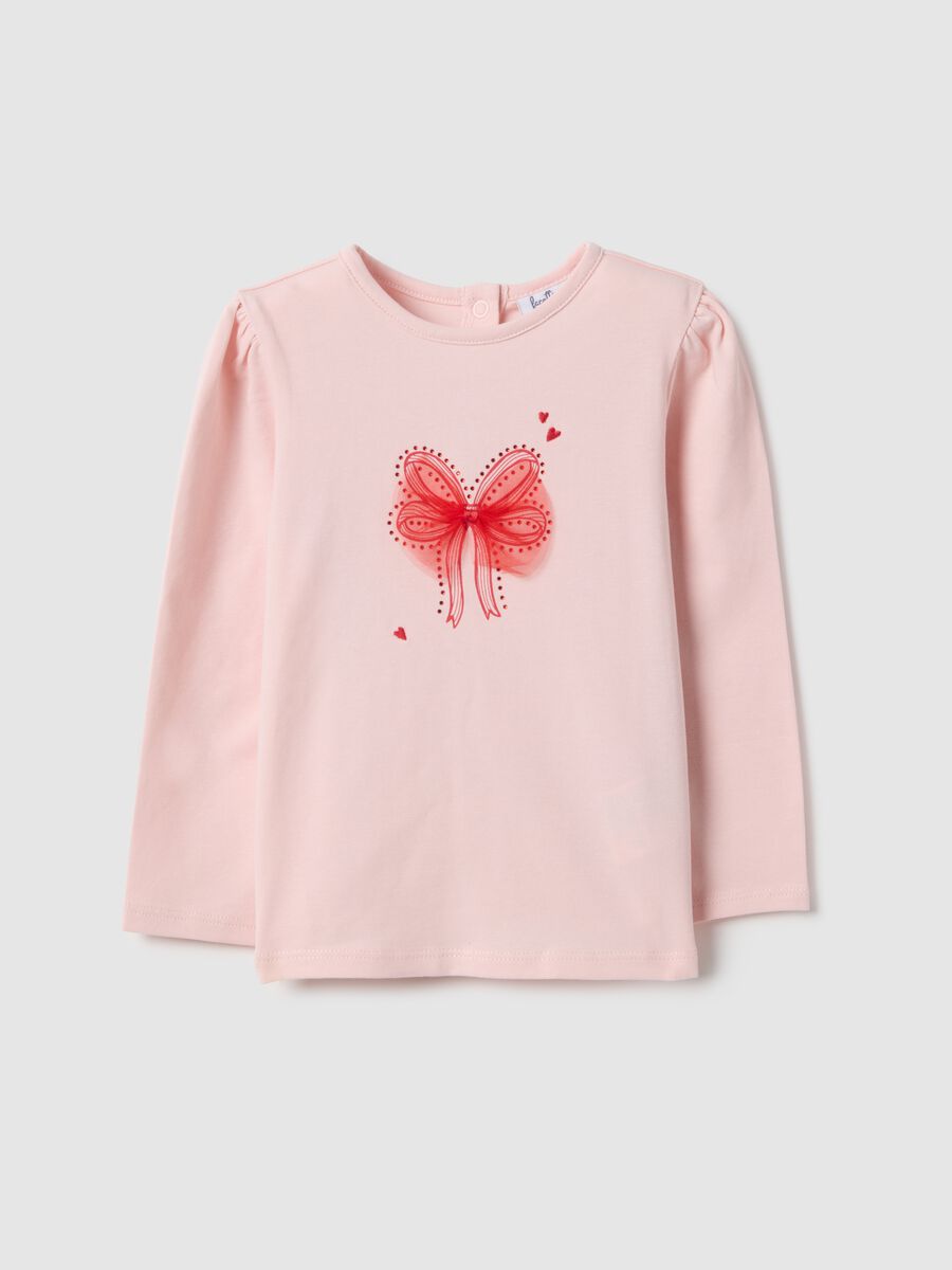 Pink Long Sleeve Cotton Stretch T-shirt with Bow Accent_0