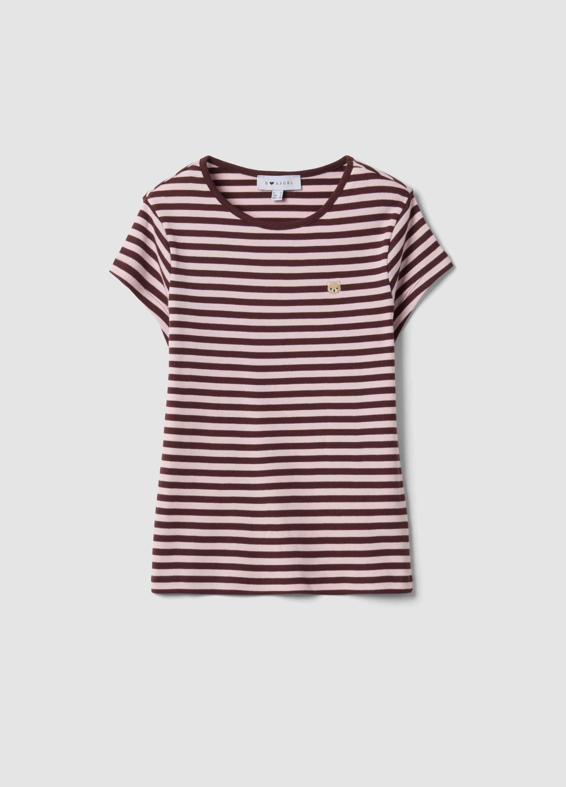 Brown pure cotton crew-neck striped T-shirt