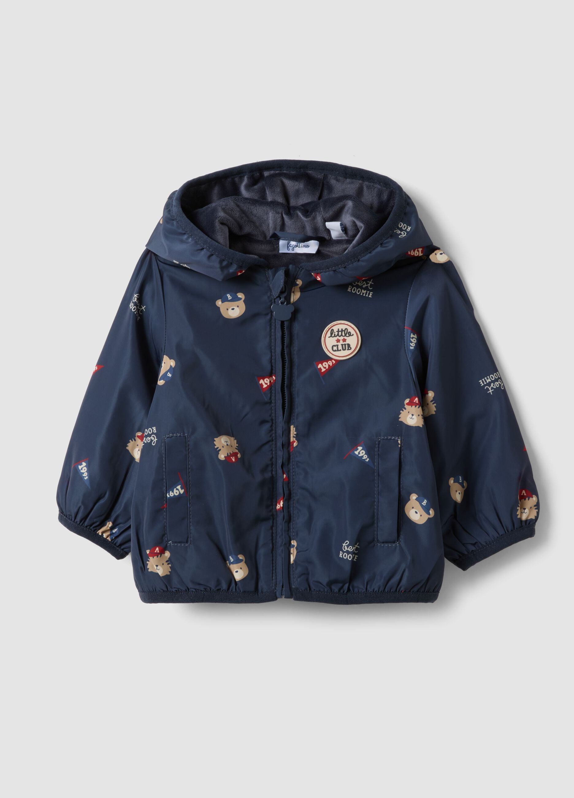 Giacca blu con cappuccio e zip con stampa orsetti per neonato